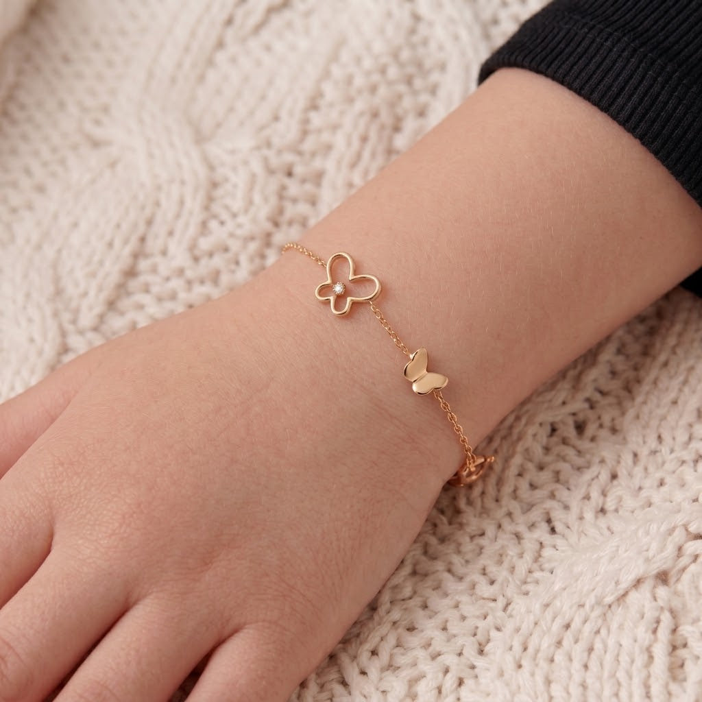 14K Solid Gold Butterfly Kids Bracelet - Cubic zirconia, Yellow gold, Solid gold