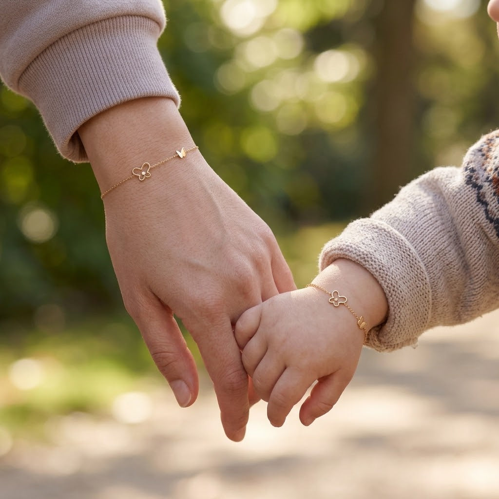 Mommy and child wearing matching 14K solid gold butterfly bracelets