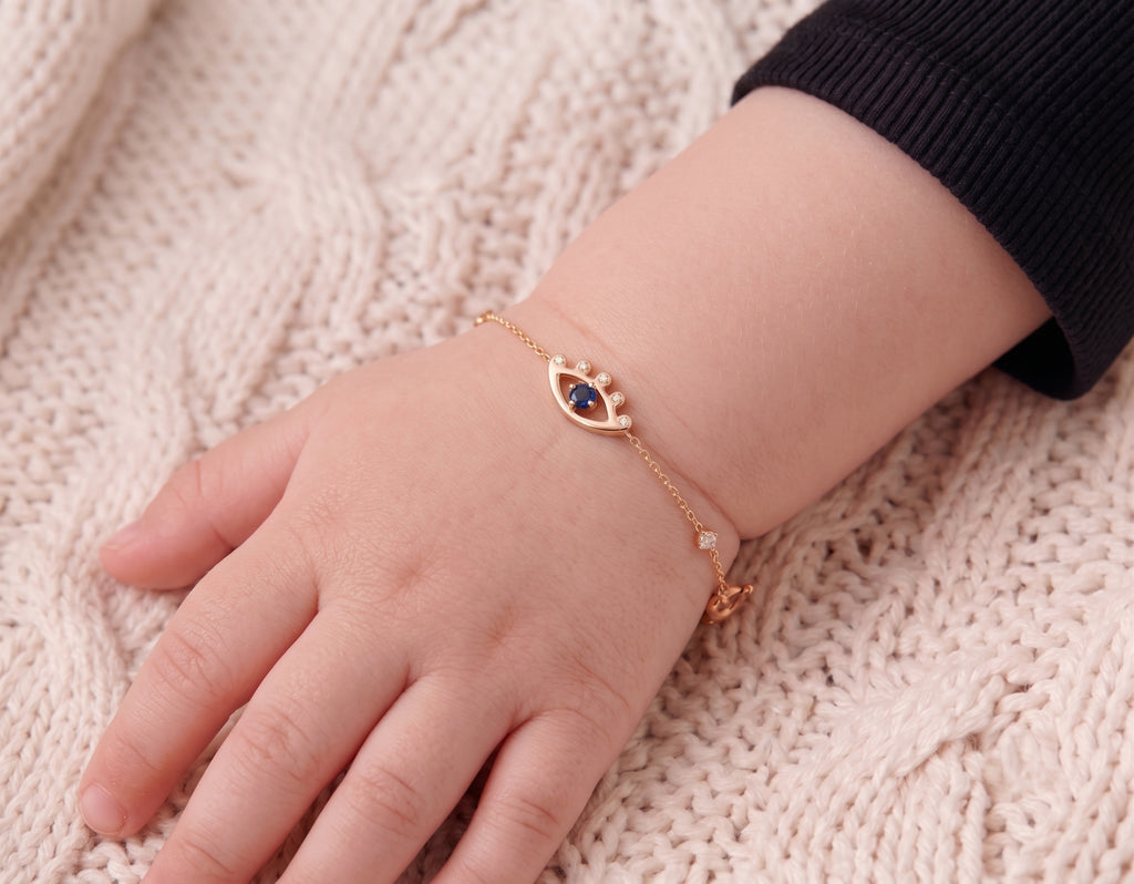14K Solid Gold Evil Eye with CZs Children's Bracelet