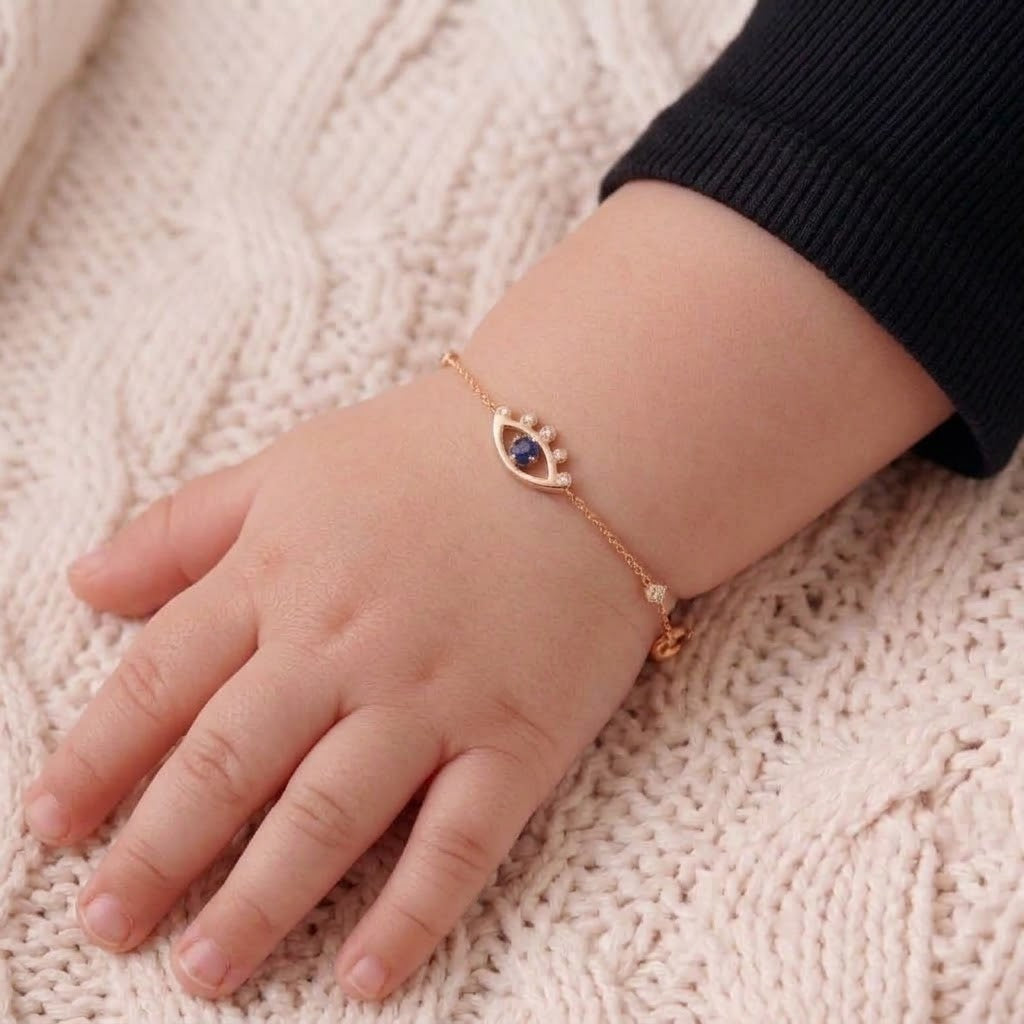14K Solid Gold Evil Eye CZ Kids Bracelet - Cubic zirconia, Yellow gold, Solid gold
