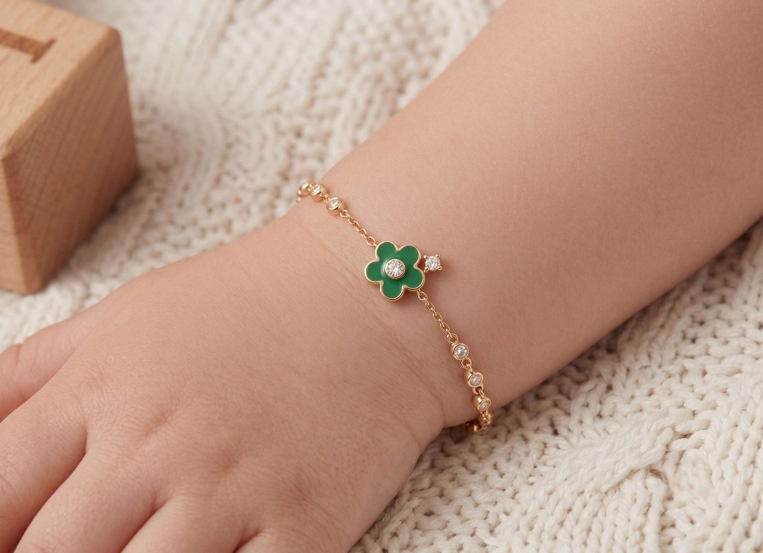 14K Solid Gold Green Flower Children's Bracelet