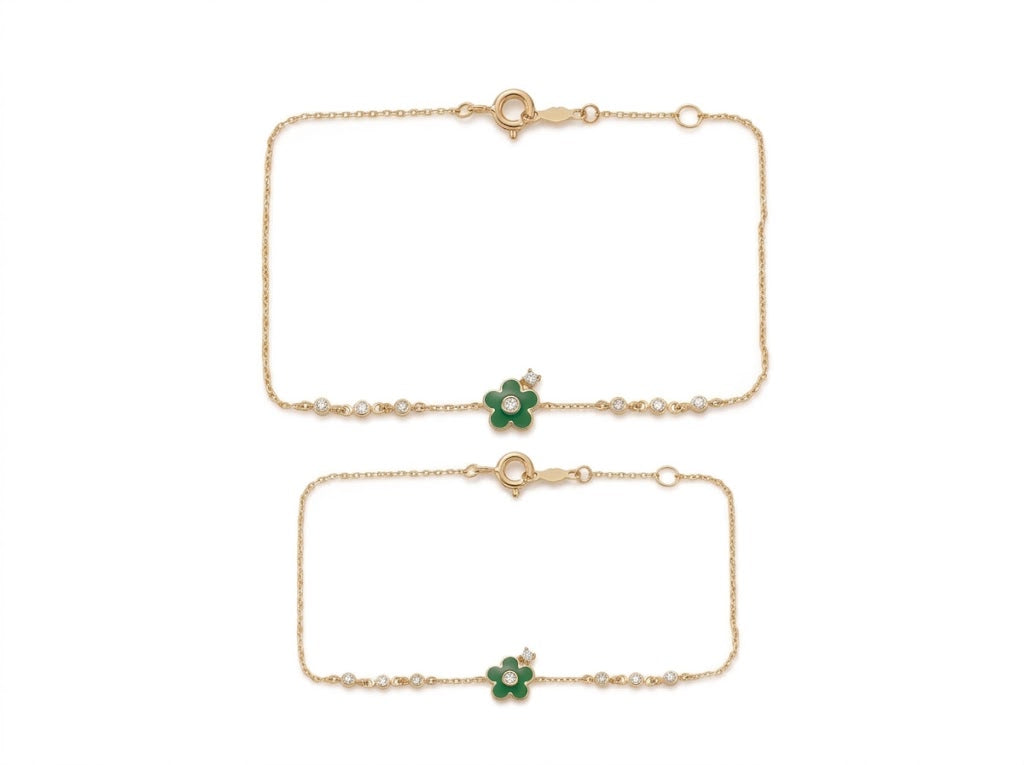 Mommy & Me 14K Solid Gold Green Flower Matching Bracelet Set