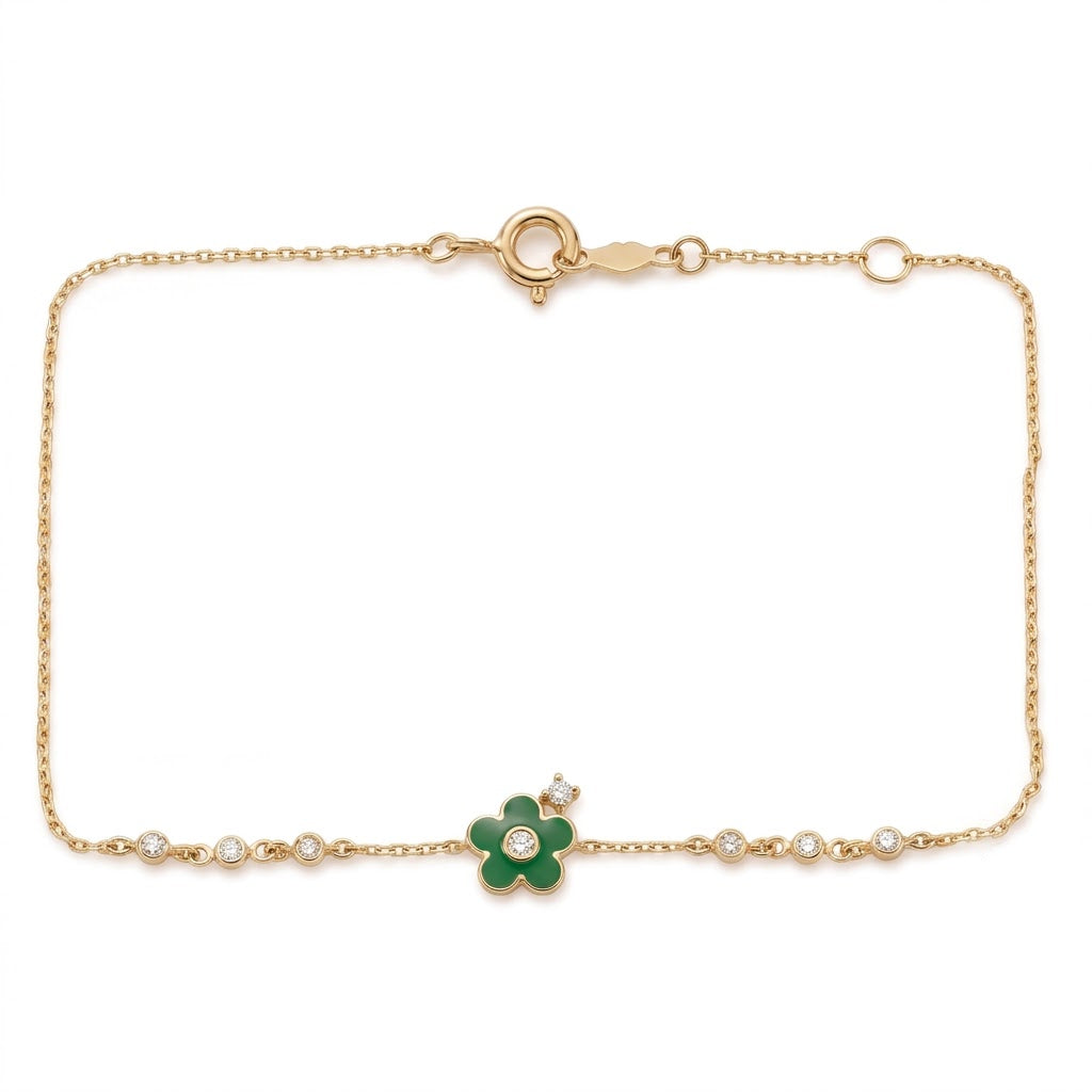 14K Solid Gold Green Flower Children's Bracelet