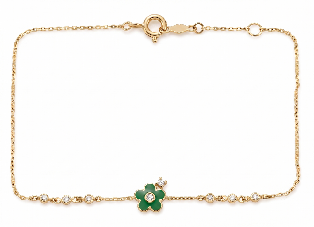 14K Solid Gold Green Flower Children's Bracelet