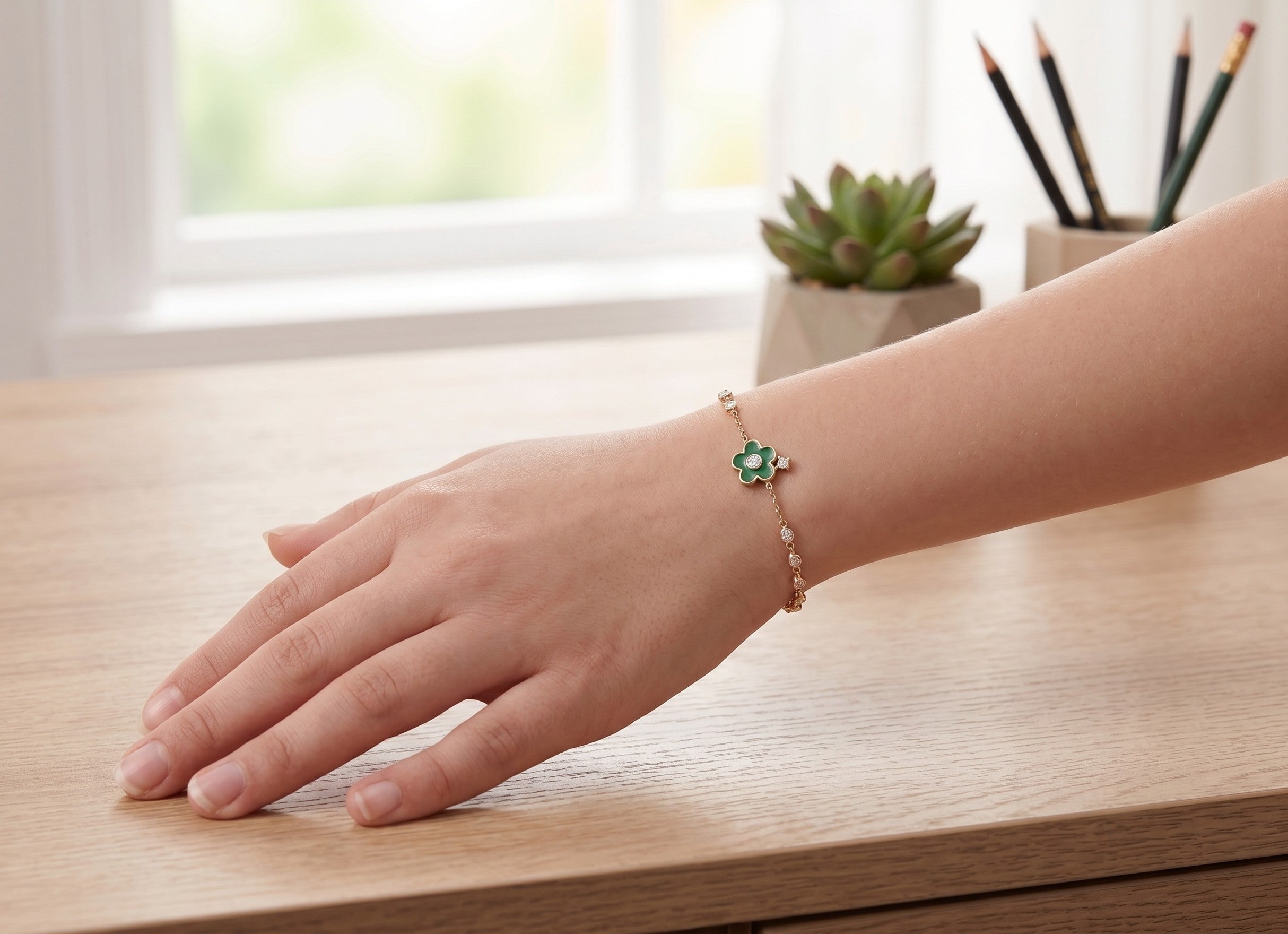 14K Solid Gold Green Flower Children's Bracelet