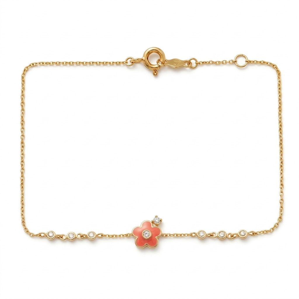 14K Solid Gold Pink Flower Kids Bracelet, 5.5 inch size
