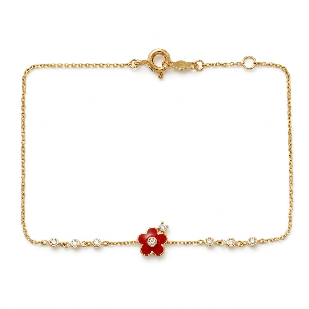 14K Solid Gold Red Flower Kids Bracelet, 5.5 inch size