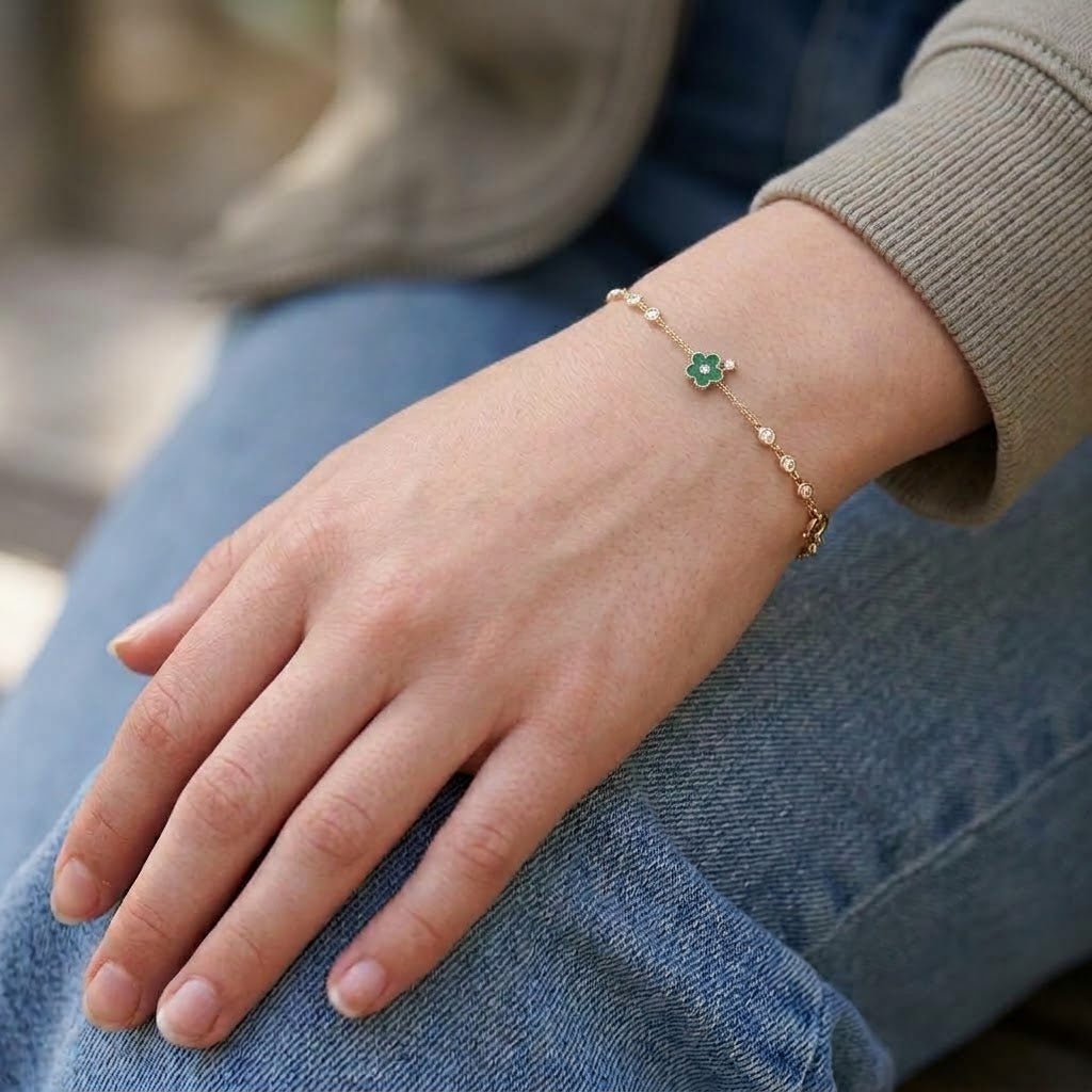 14K Solid Gold Green Flower Kids Bracelet - Cubic zirconia, Green epoxy, Yellow gold, Solid gold