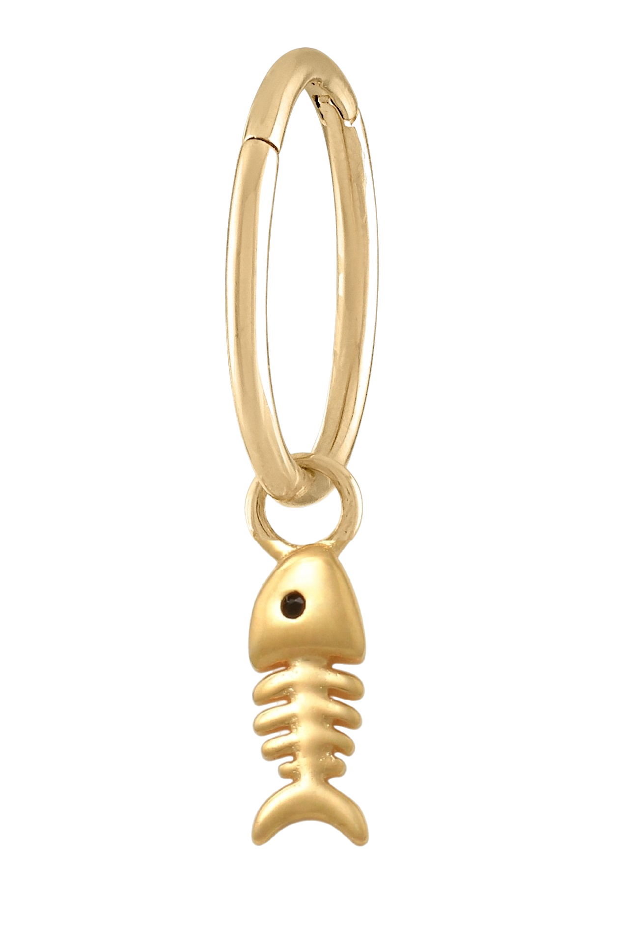 14K Solid Yellow Gold Handmade Belly Ring Hoop with a 10K Solid Yellow Gold Dangling Fish-Skeleton Charm