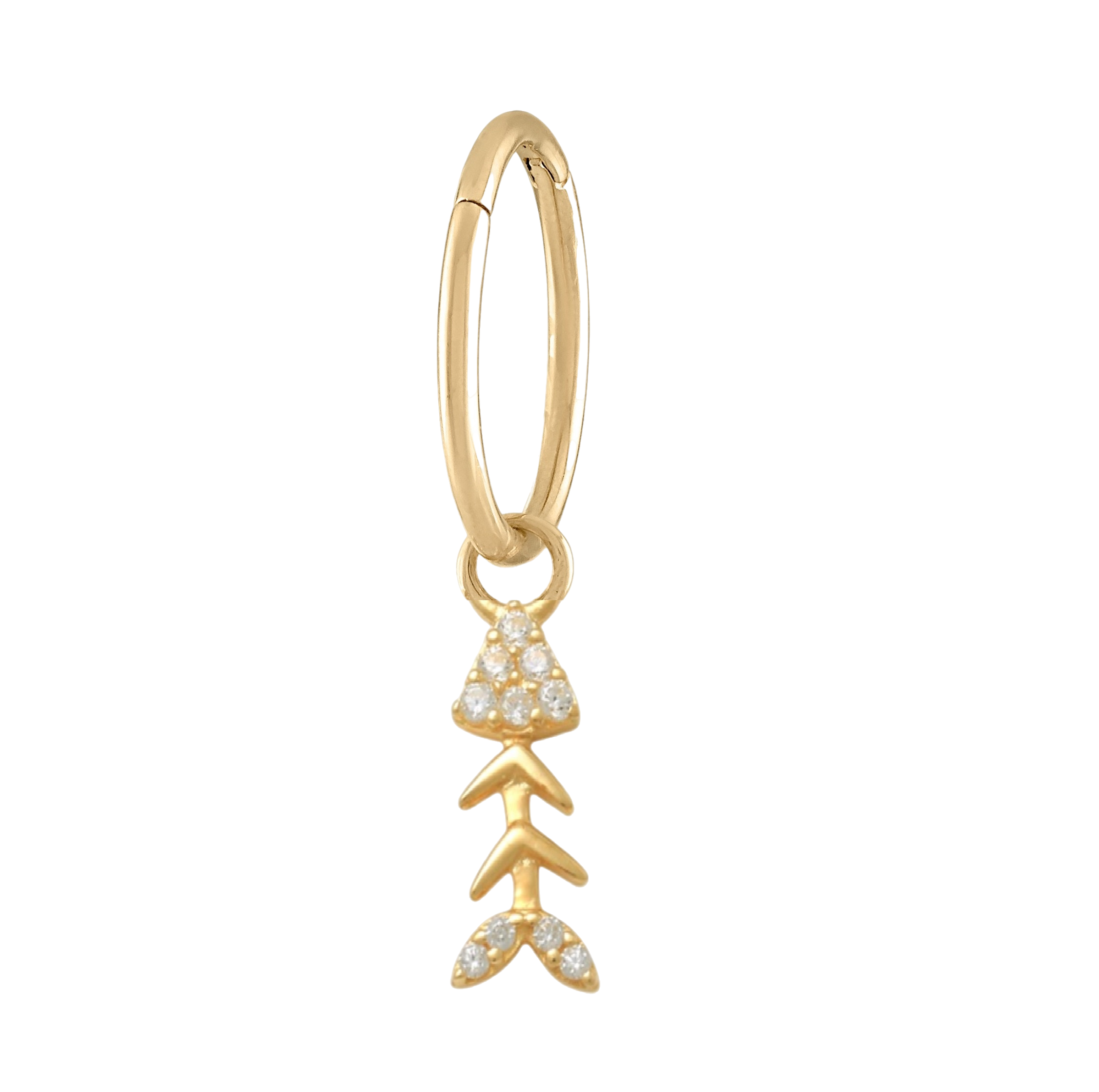 14K Solid Yellow Gold Handmade Belly Ring Hoop with a 10K Solid Yellow Gold Dangling Fish-Skeleton Charm