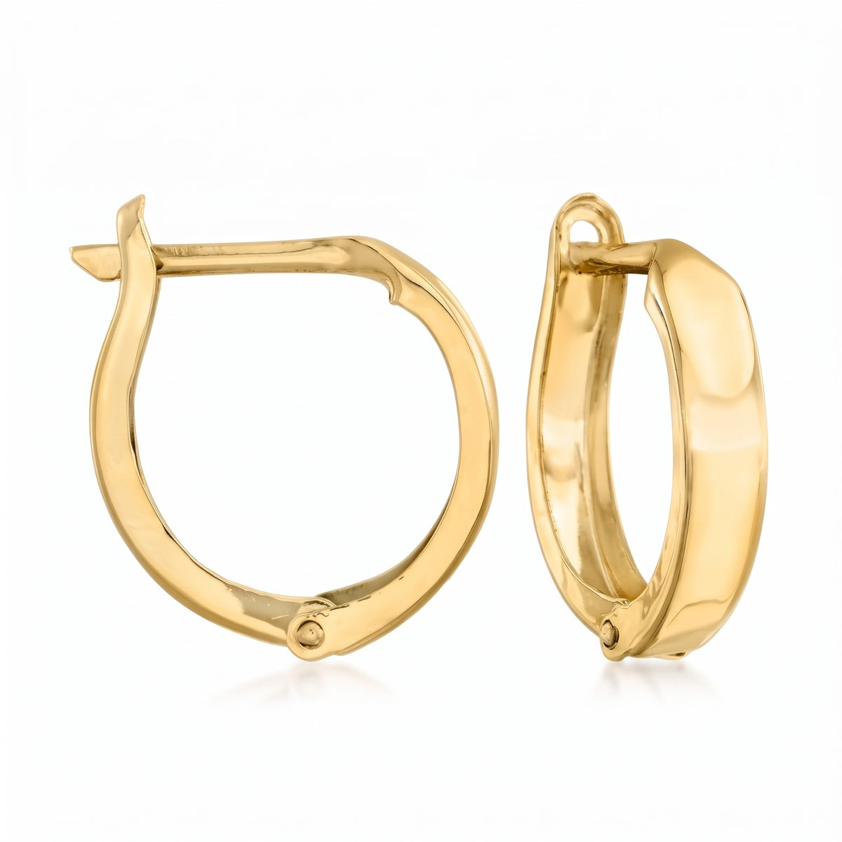 14K solid gold polished snap hoop earrings, product photo