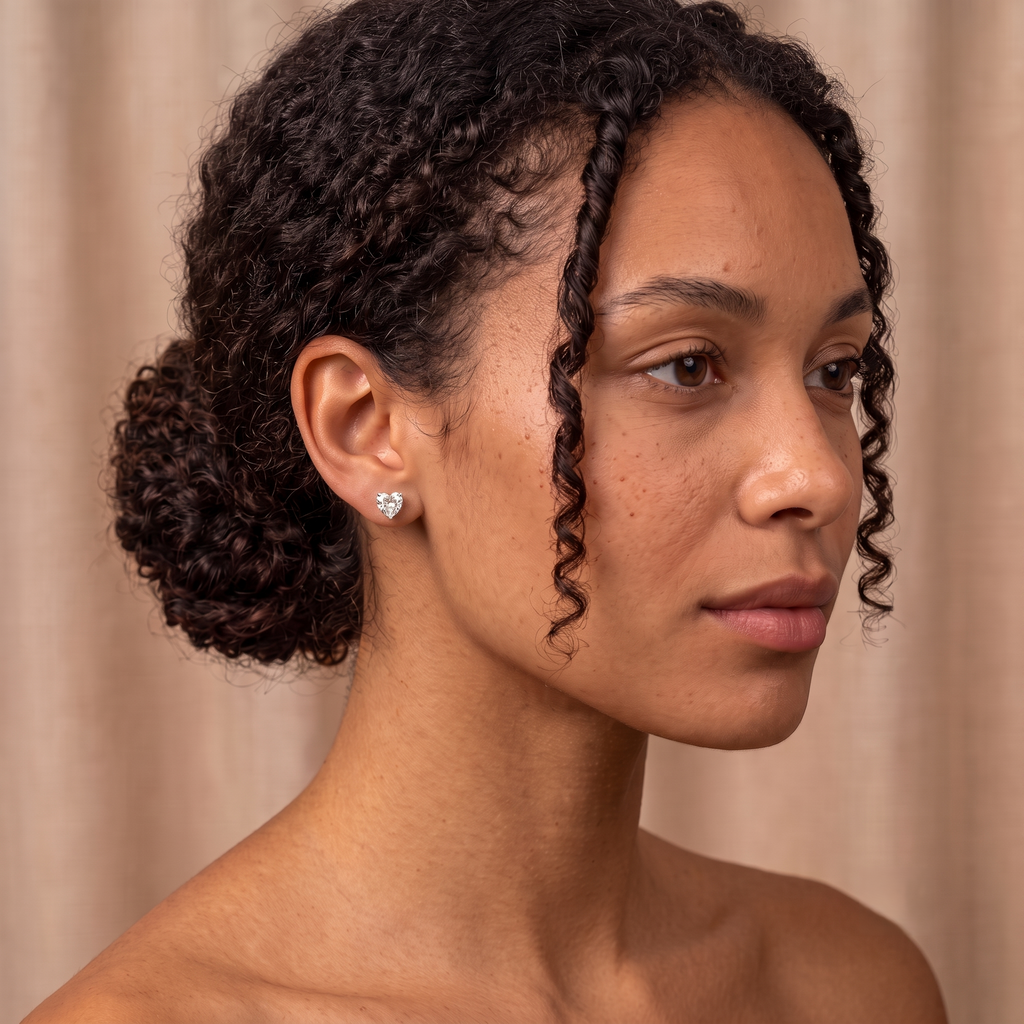 A close-up side profile of a woman with curly dark hair wearing a small heart-shaped gold stud earring, set against a soft beige curtain background.