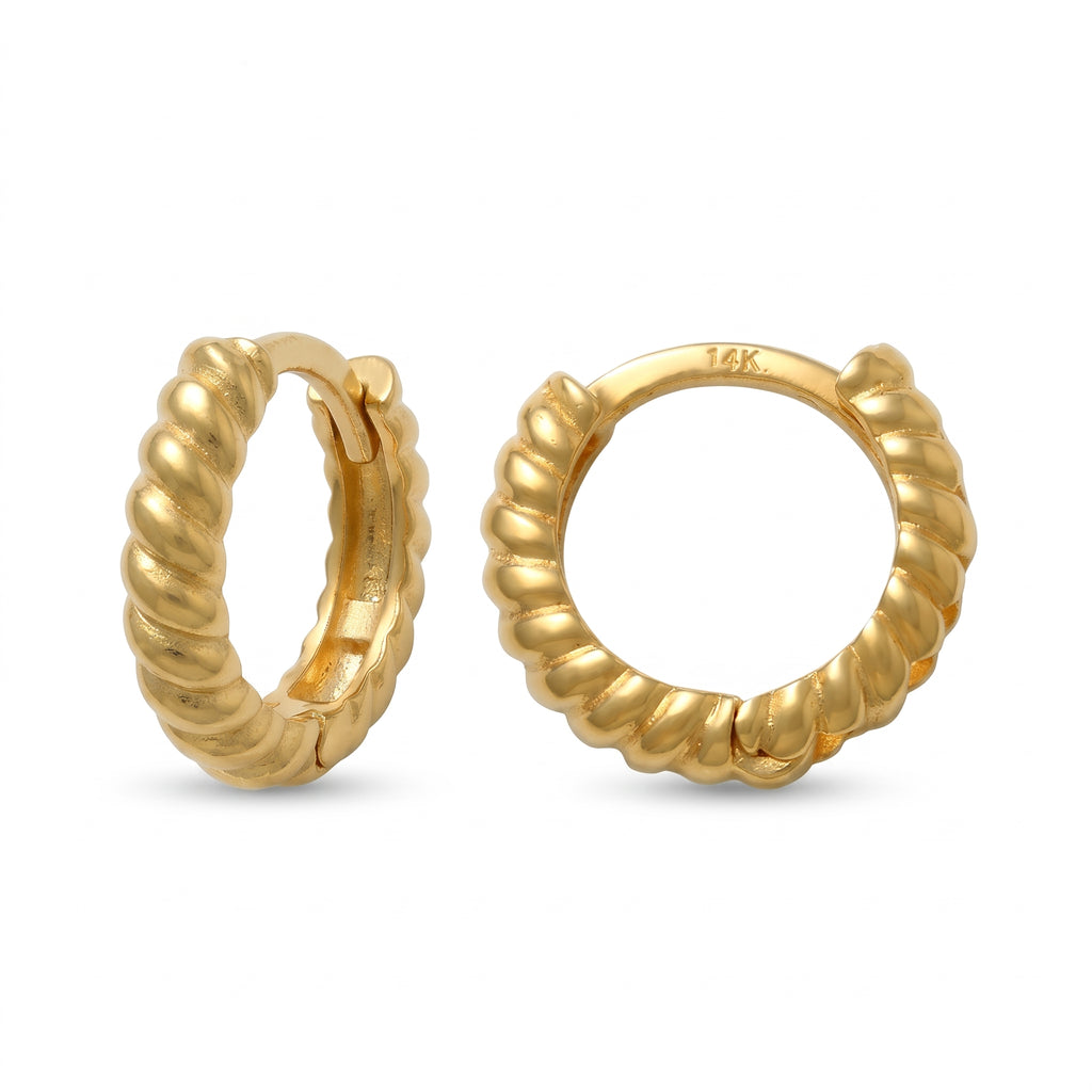 14K solid gold twisted huggie hoop earrings, 10mm, product photo