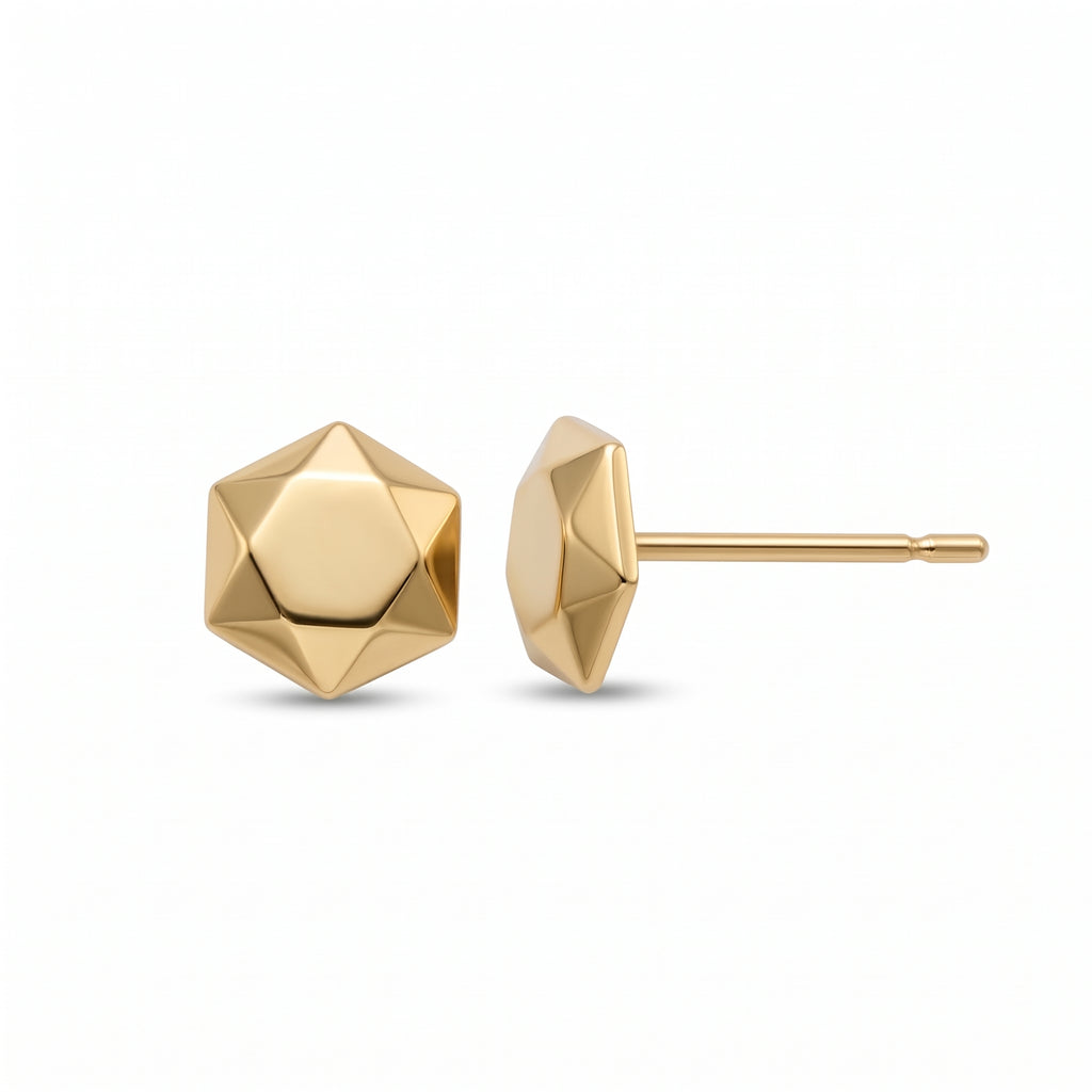 14K solid gold geometric stud earrings, product photo