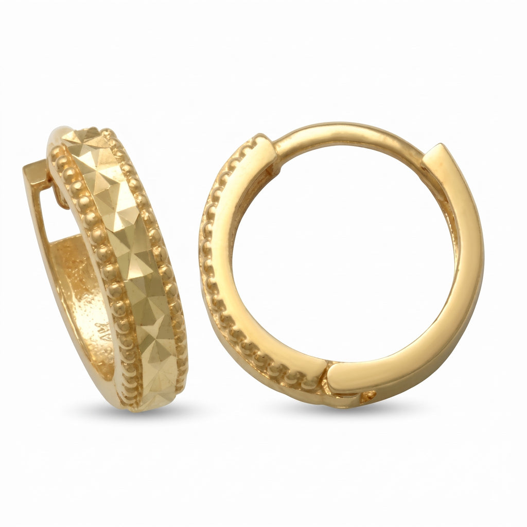 14K solid gold diamond cut hoop earrings, product photo