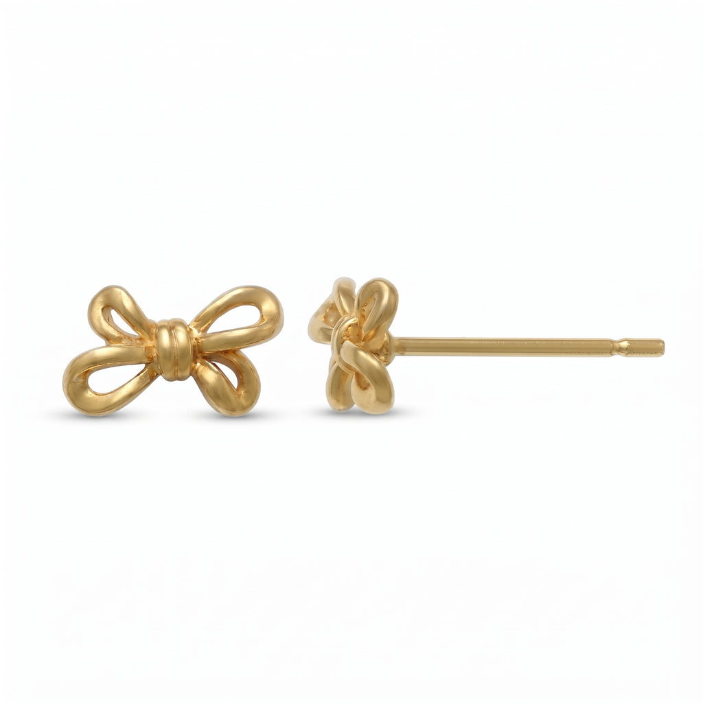 14K solid gold bow stud earrings, product photo
