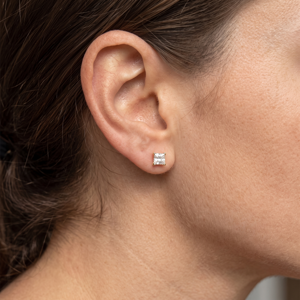 10K Solid Gold 5mm Princess Cut CZ Stud Earrings