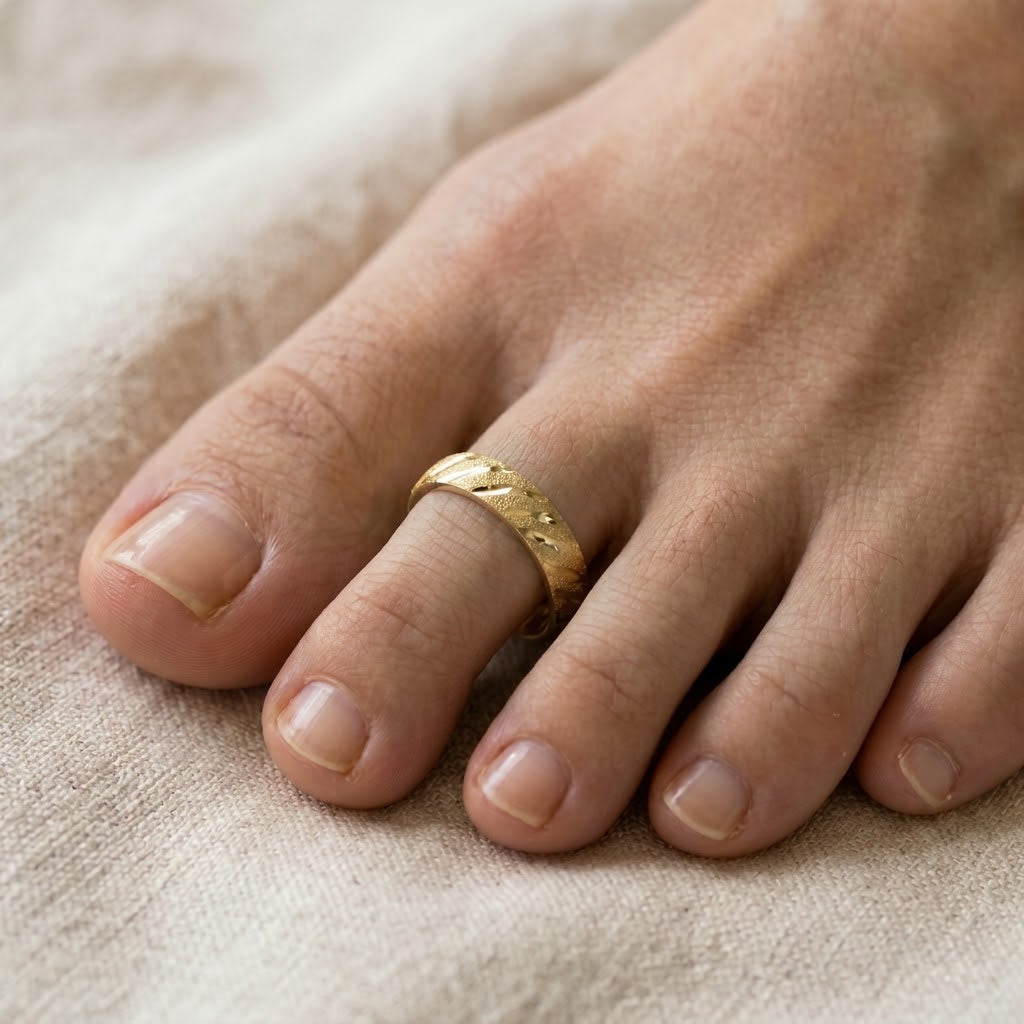 10K solid gold 3mm wide diamond-cut toe ring worn on foot