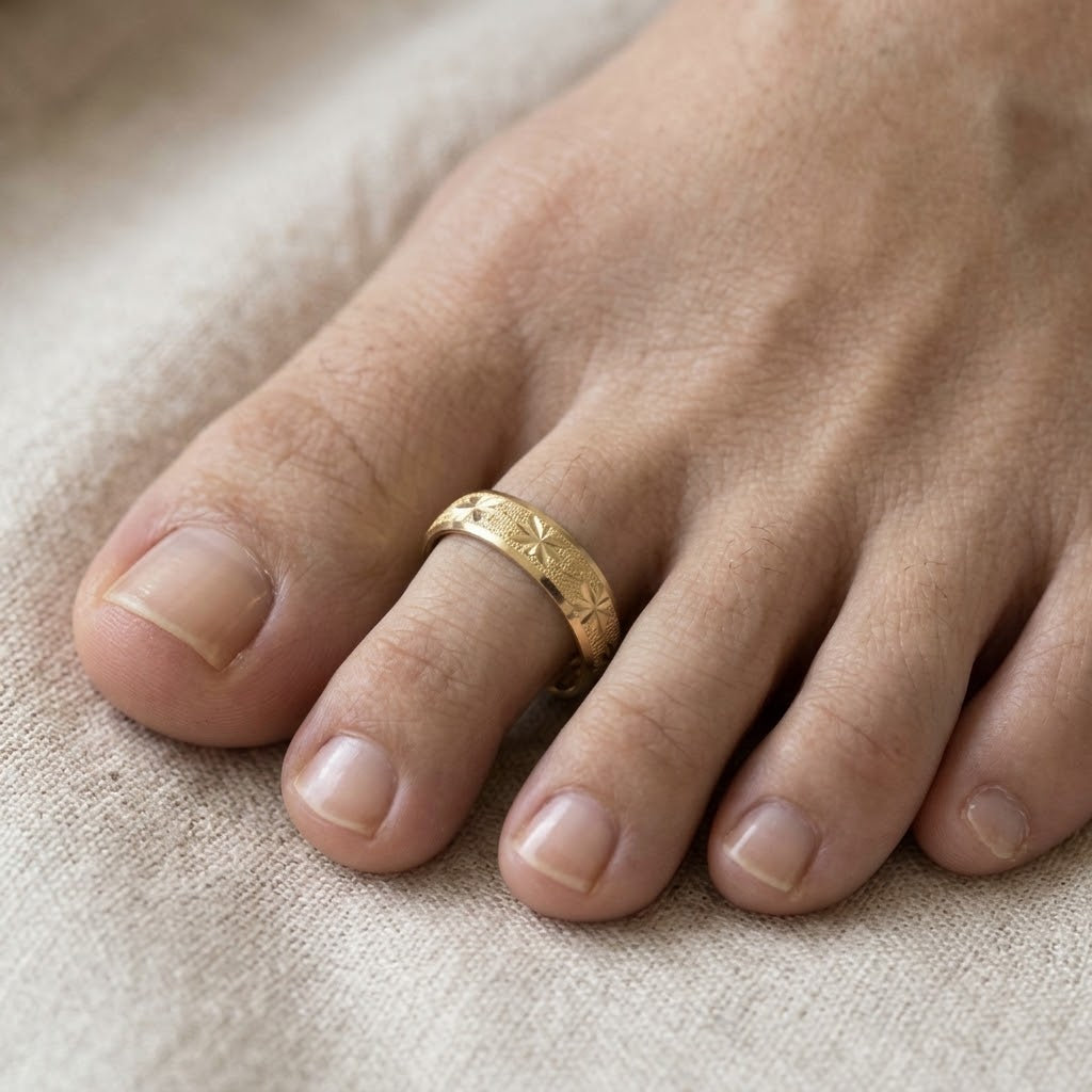 10K solid gold 3mm wide diamond-cut adjustable toe ring worn on foot