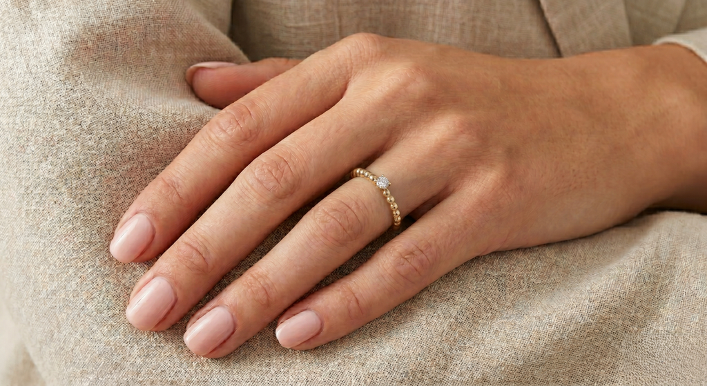 14K Solid Gold Diamond Beaded Ring
