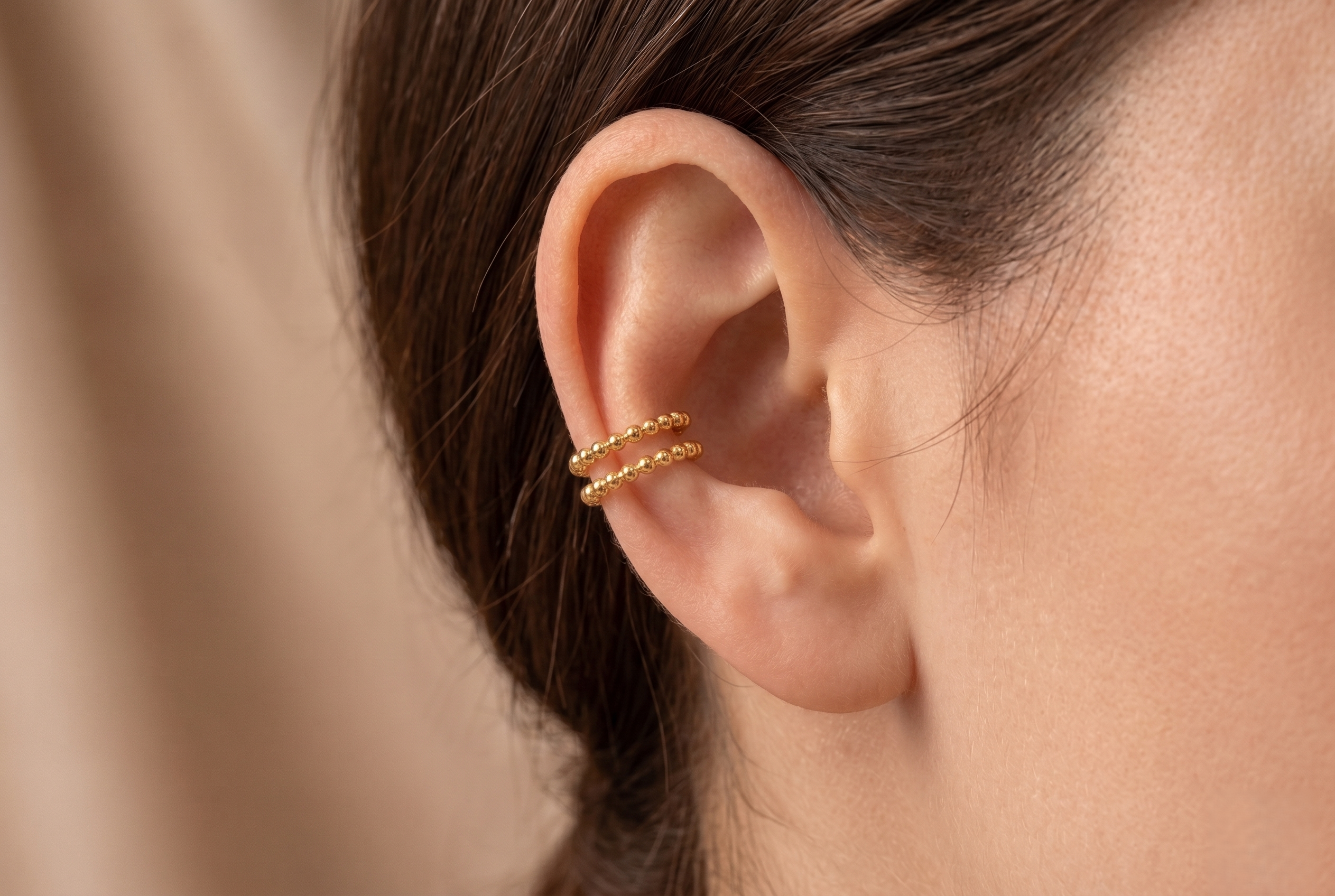 14K Solid Gold Beaded Ear Cuff