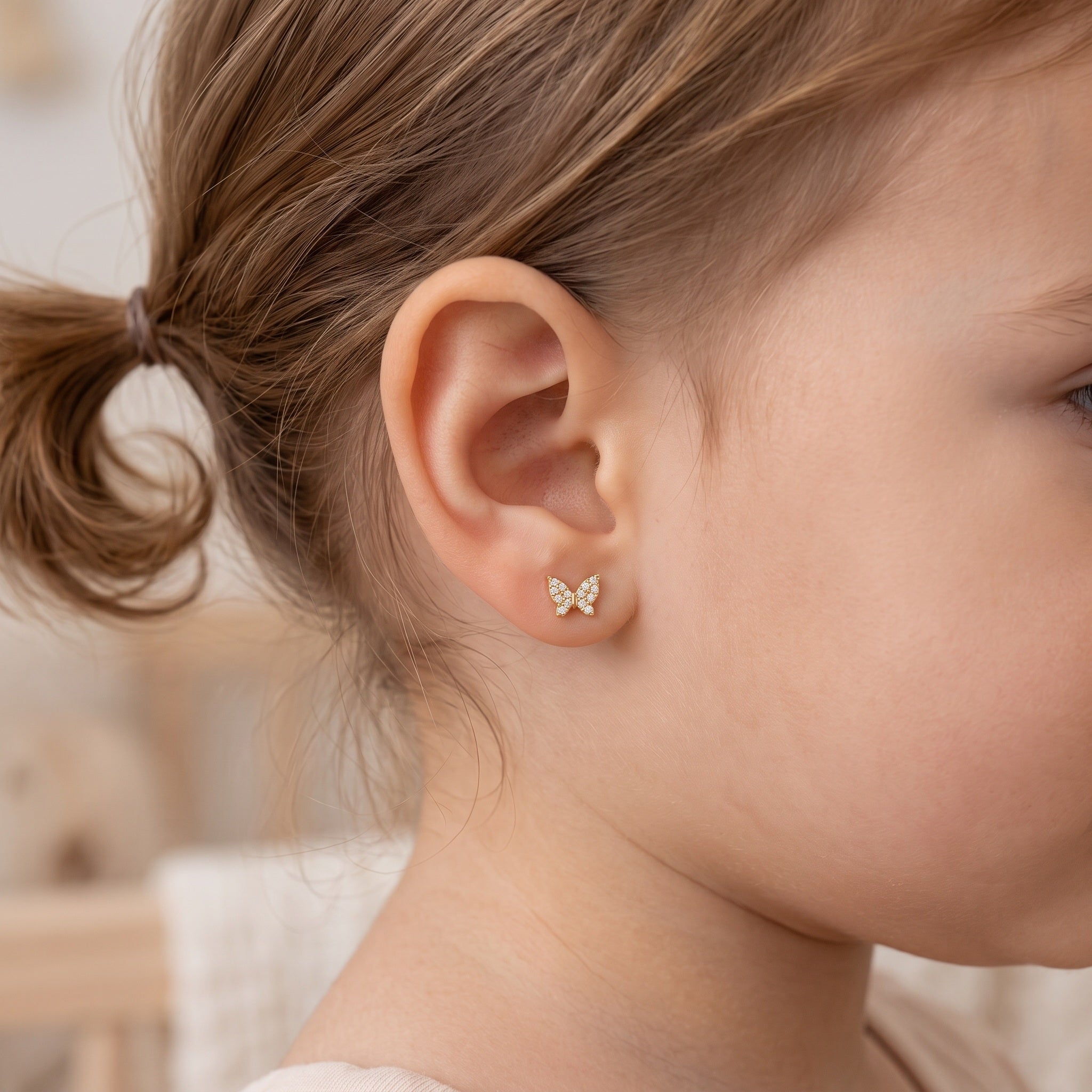 14K Solid Gold Butterfly Children's Earrings with CZs