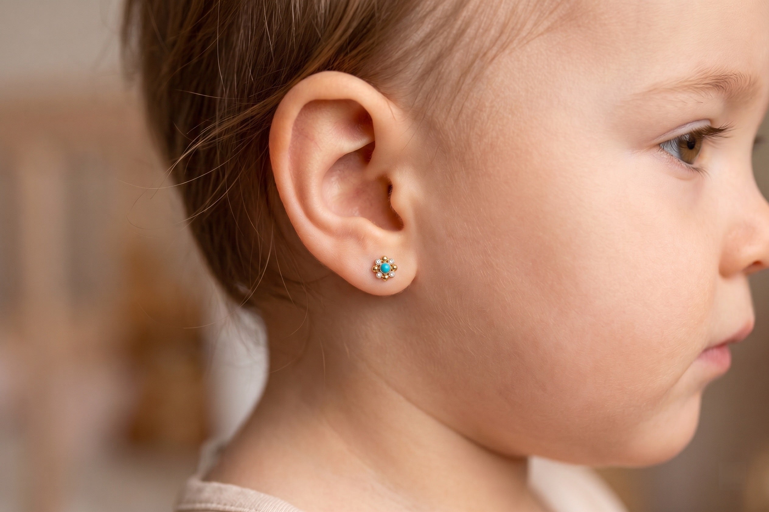 14K Solid Gold Flower Children's Earrings