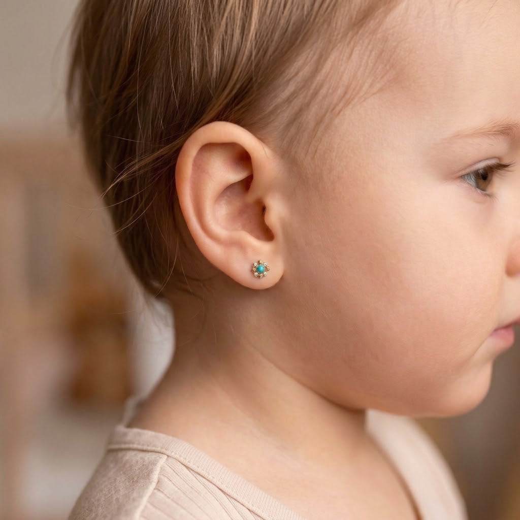 14K Solid Gold Flower Turquoise Kids Stud Earrings - Turquoise, Cubic zirconia, Yellow gold, Solid gold