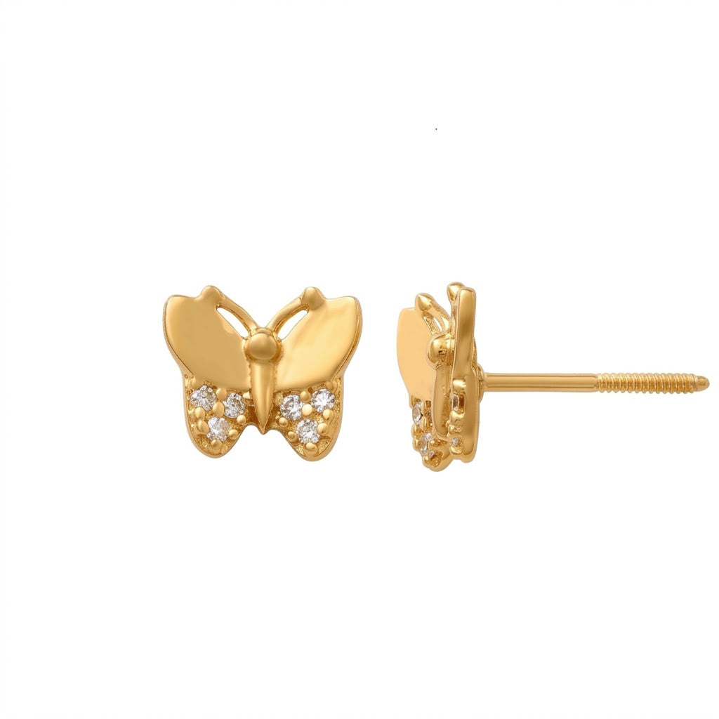 14K Solid Gold Butterfly Children's Earrings with CZs