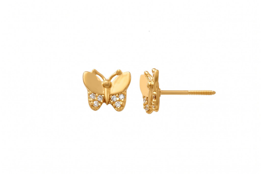 14K Solid Gold Butterfly Children's Earrings with CZs