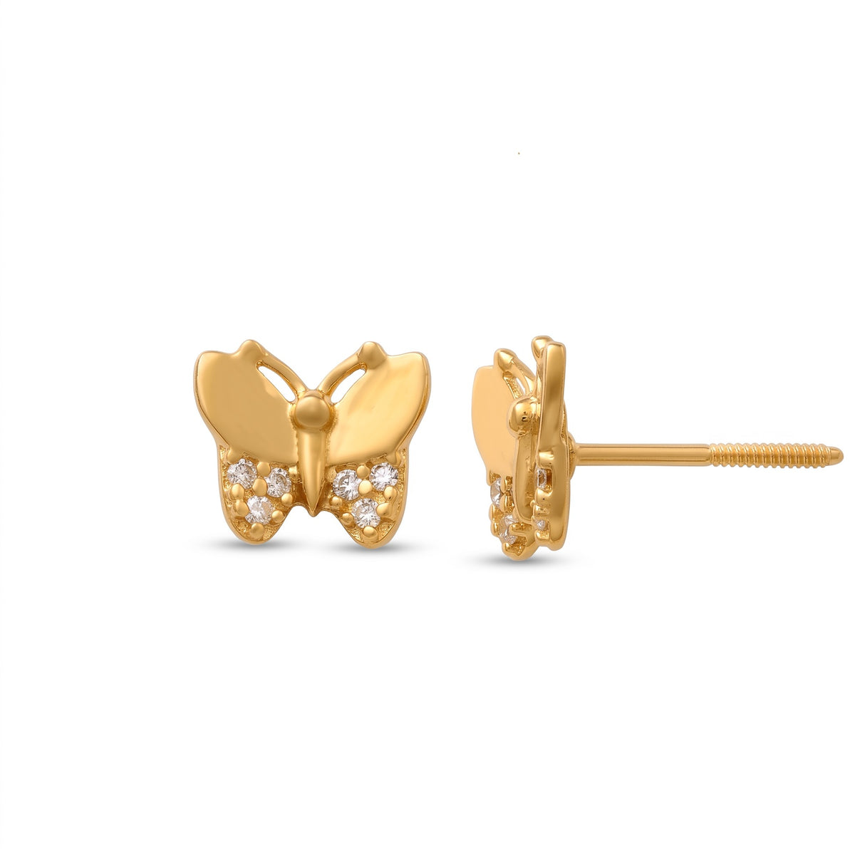 14K Solid Gold Butterfly CZ Kids Stud Earrings