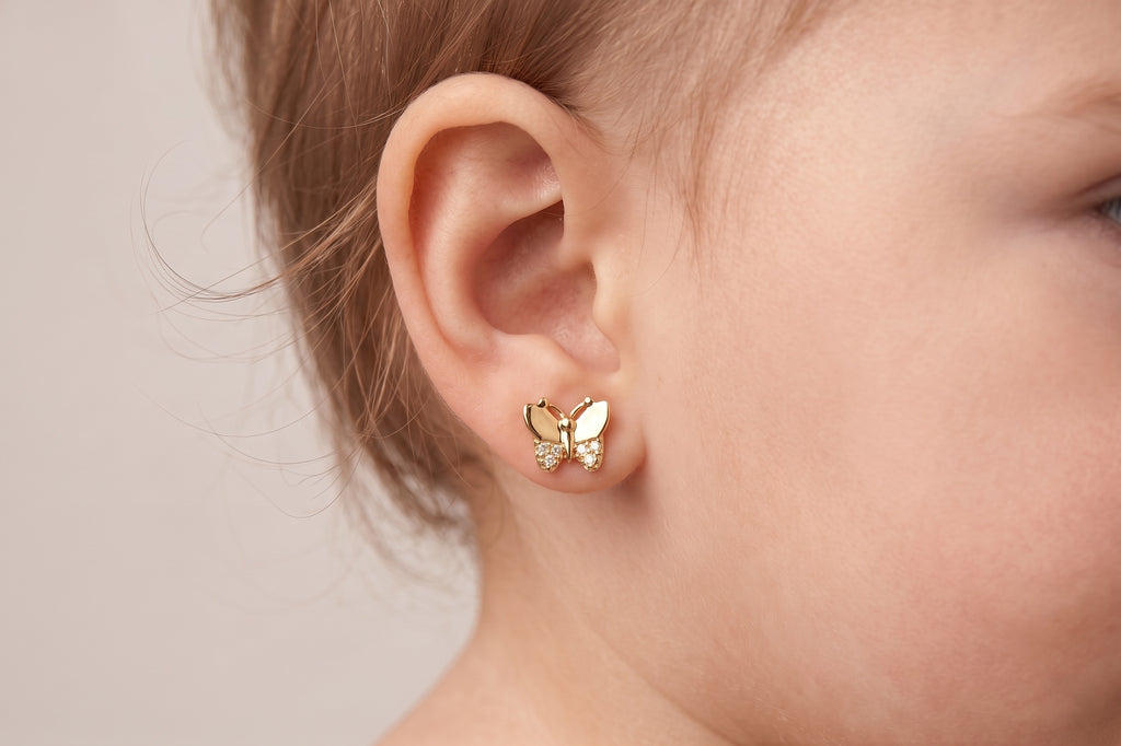 14K Solid Gold Butterfly Children's Earrings with CZs