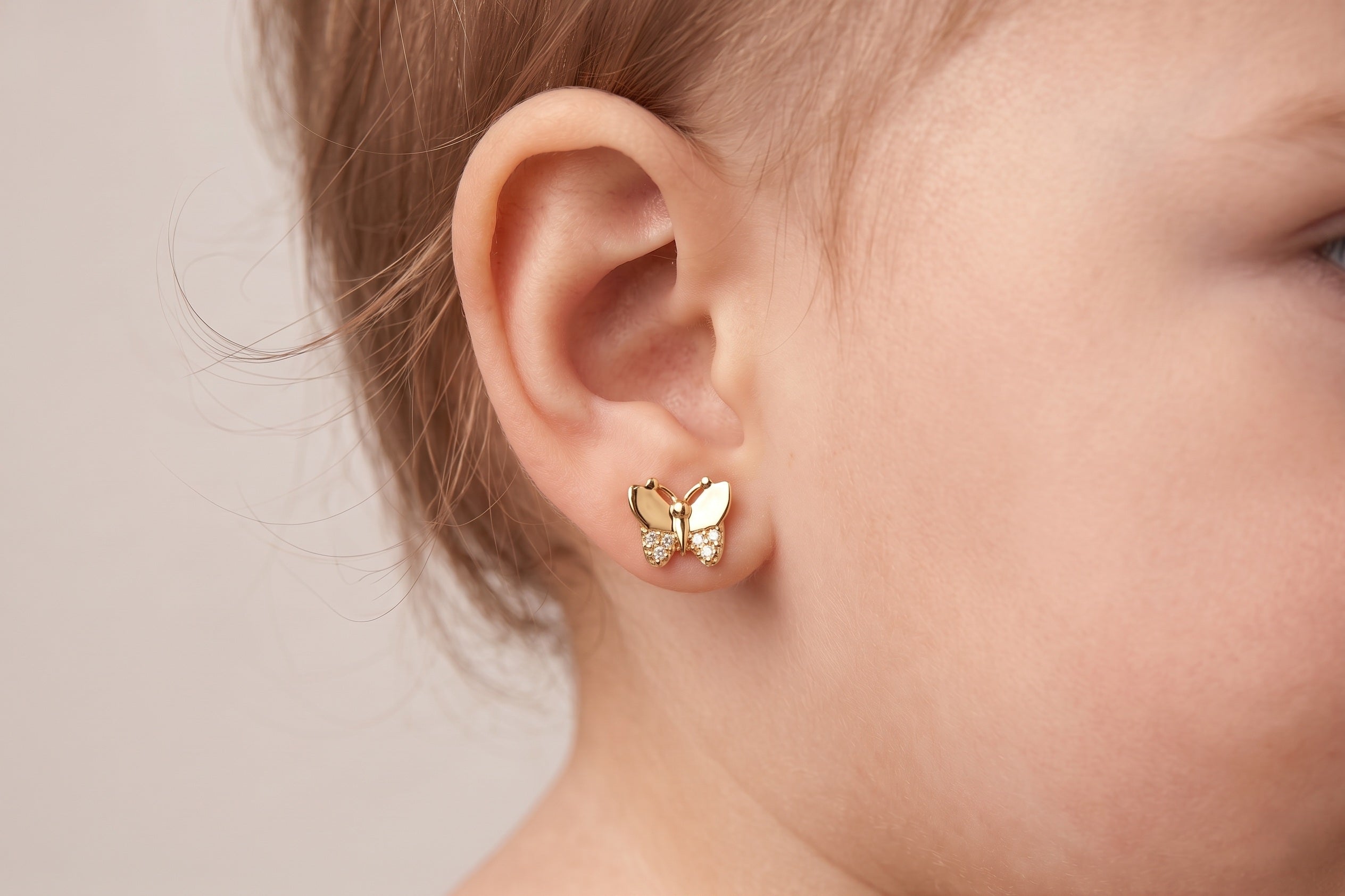 14K Solid Gold Butterfly Children's Earrings with CZs