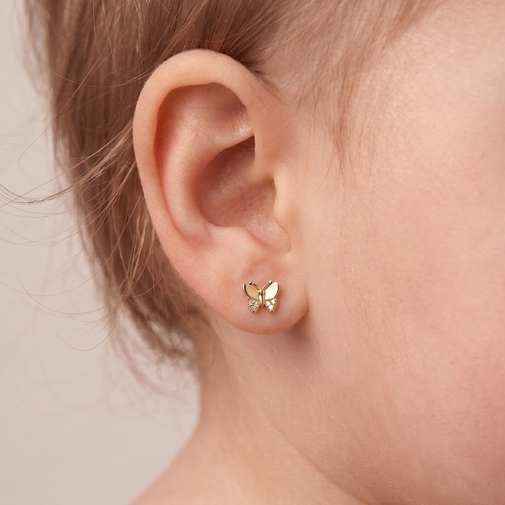 14K Solid Gold Butterfly CZ Kids Stud Earrings - Cubic zirconia, Yellow gold, Solid gold
