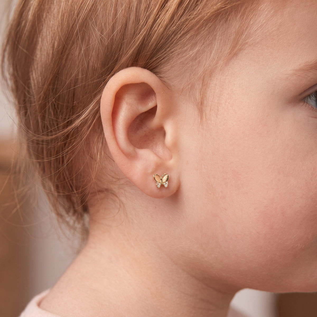 14K Solid Gold Butterfly CZ Kids Stud Earrings