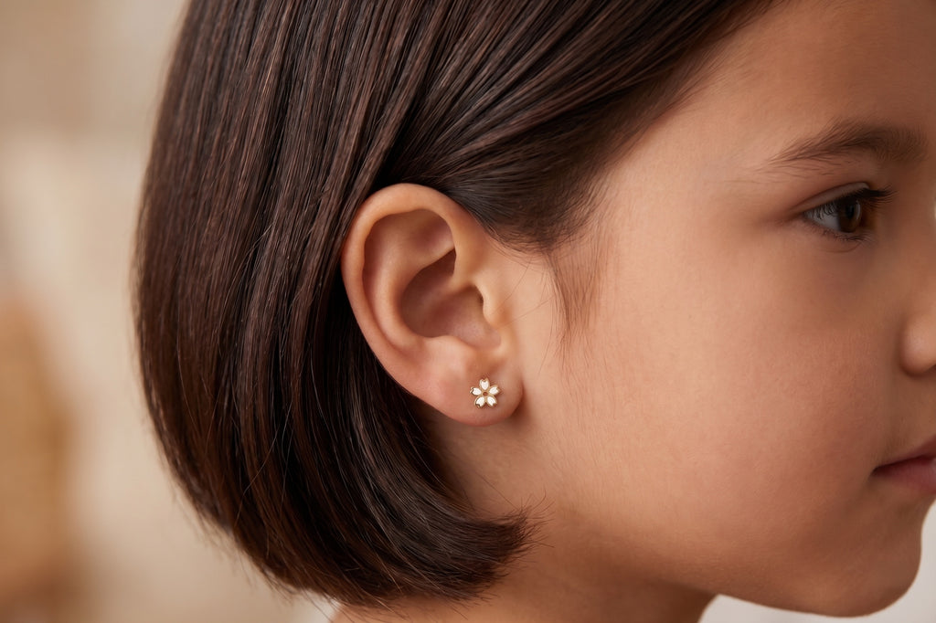 14K Solid Gold Flower Epoxy Children's Earrings