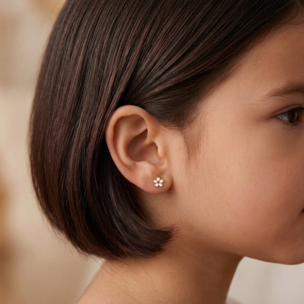 14K Solid Gold Flower Epoxy Kids Stud Earrings - White epoxy, Yellow gold, Solid gold