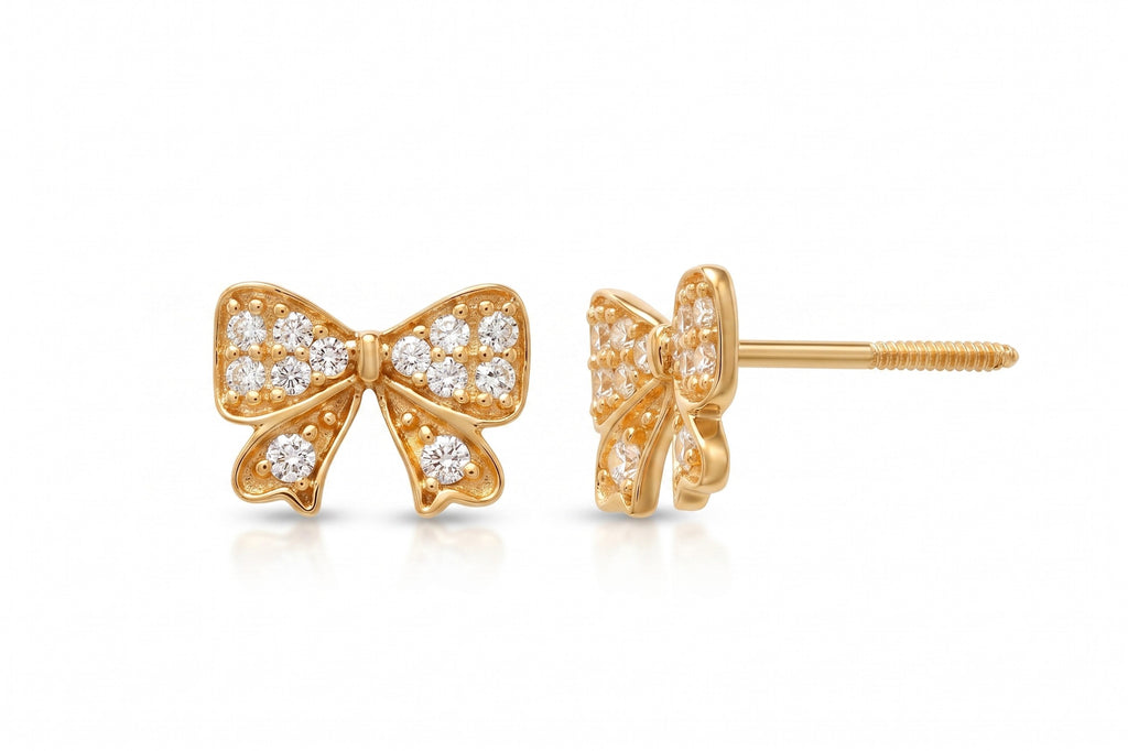 14K Solid Gold Bow Children's Earrings with CZs