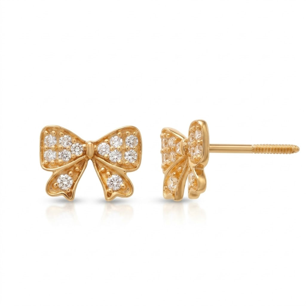 14K Solid Gold Bow Children's Earrings with CZs