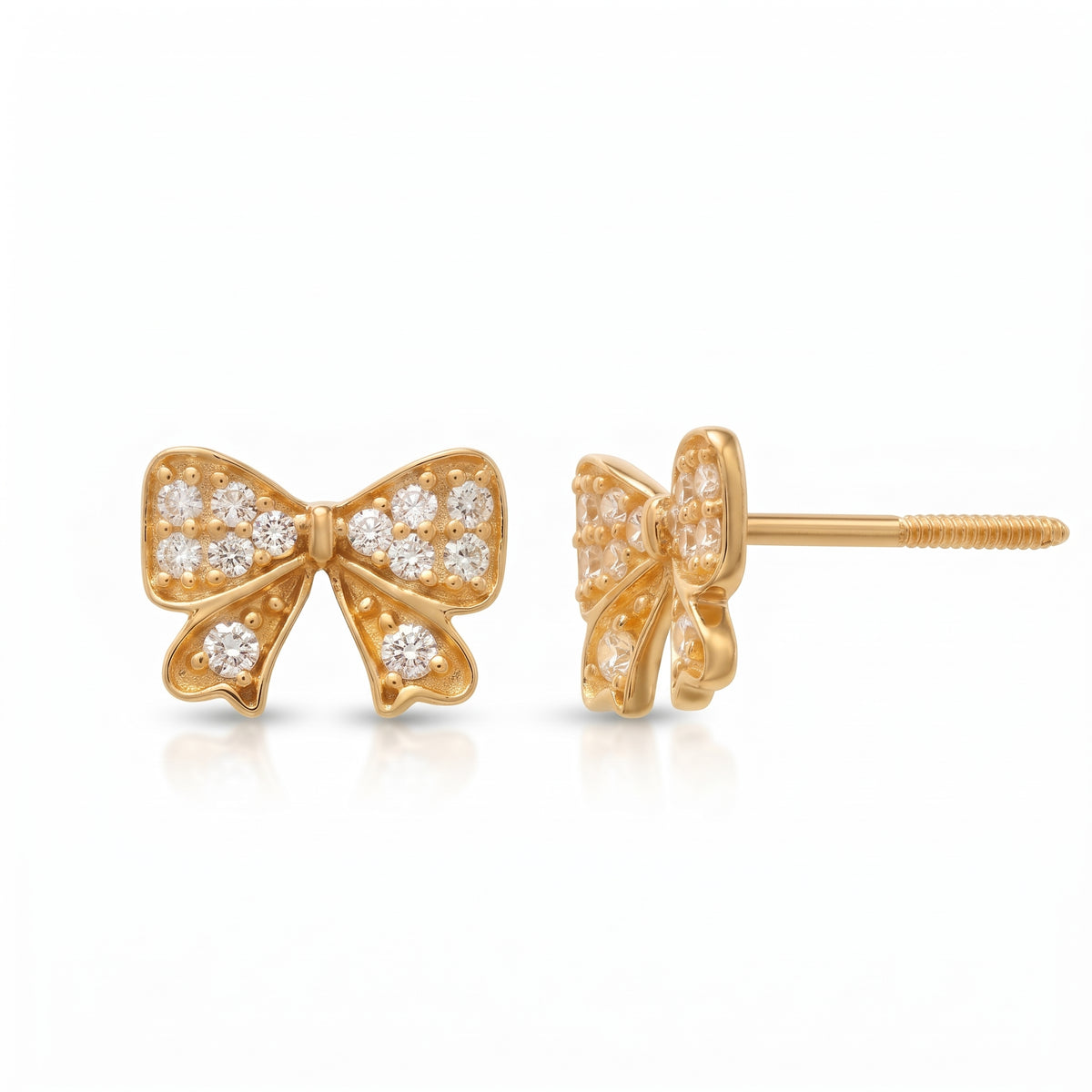 14K Solid Gold Bow CZ Kids Stud Earrings