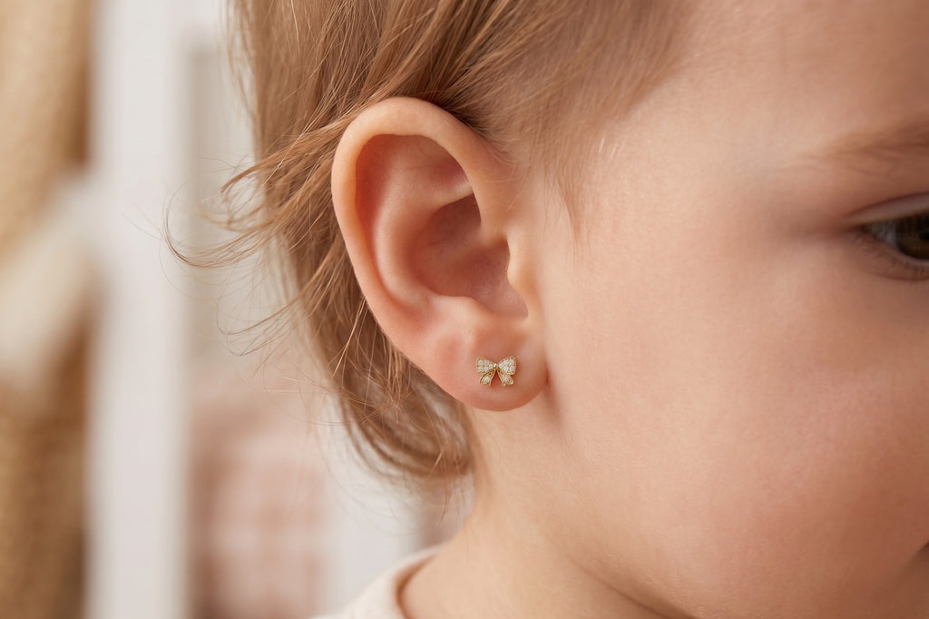 14K Solid Gold Bow Children's Earrings with CZs