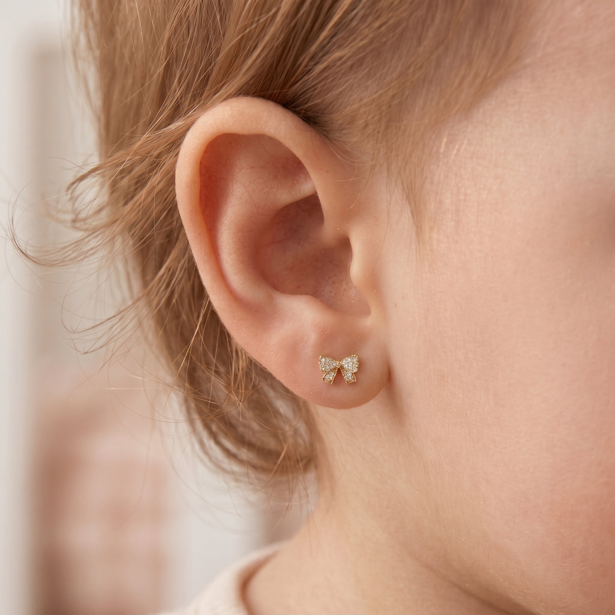 14K Solid Gold Bow CZ Kids Stud Earrings