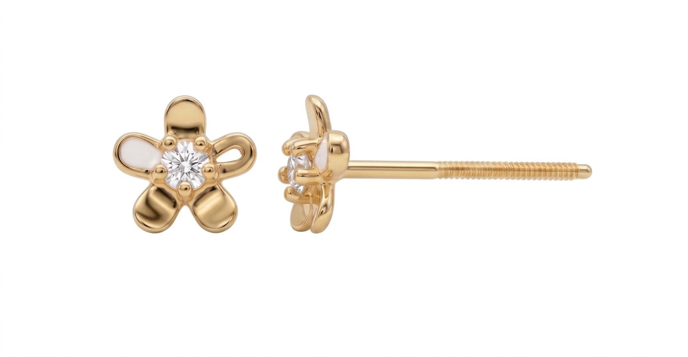 14K Solid Gold Flower CZ and Epoxy Earrings
