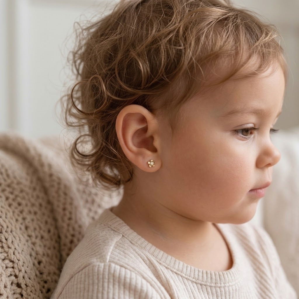 14K Solid Gold Flower CZ Epoxy Kids Stud Earrings - Cubic zirconia, White epoxy, Yellow gold, Solid gold