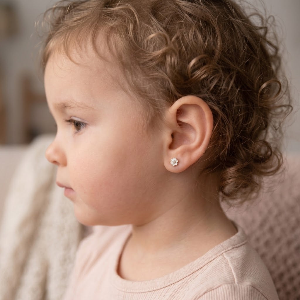 14K Solid Gold Flower Epoxy CZ Kids Stud Earrings - Cubic zirconia, White epoxy, Yellow gold, Solid gold
