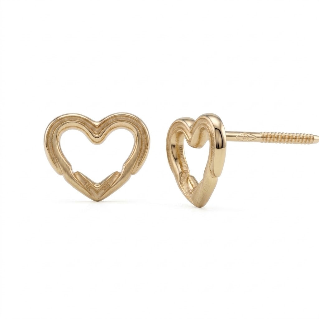 14K Solid Gold Open Heart Kids Stud Earrings - Yellow gold, Solid gold, 14k
