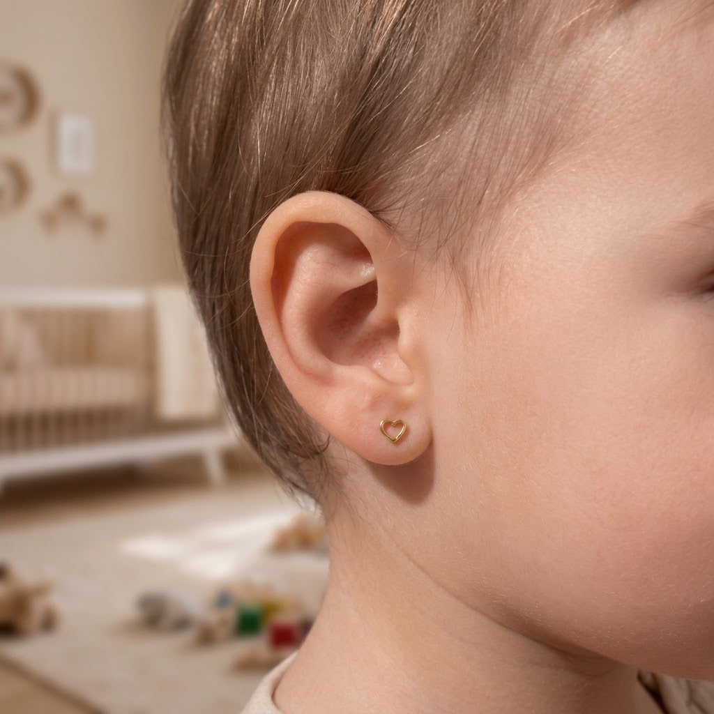 14K Solid Gold Open Heart Kids Stud Earrings - Yellow gold, Solid gold, 14k