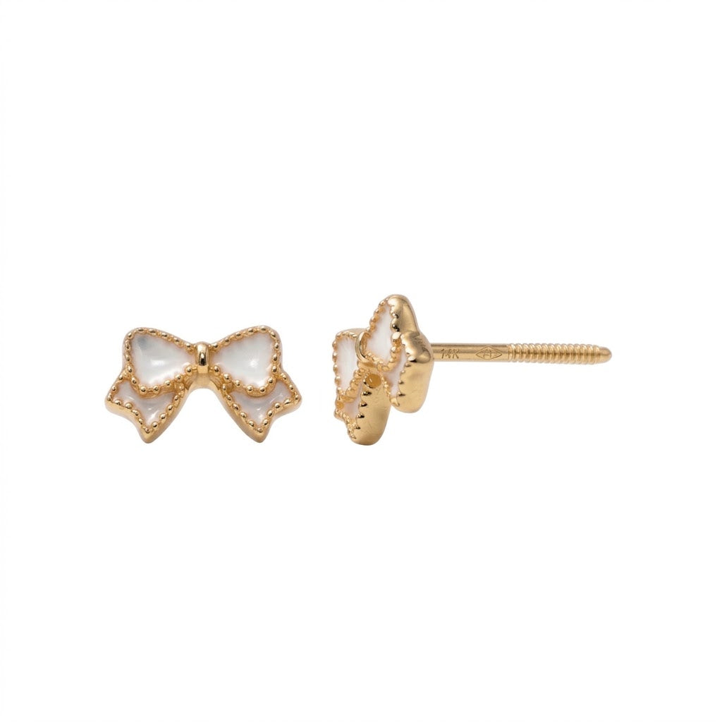 14K Solid Gold Bow Epoxy Kids Stud Earrings - White epoxy, Yellow gold, Solid gold