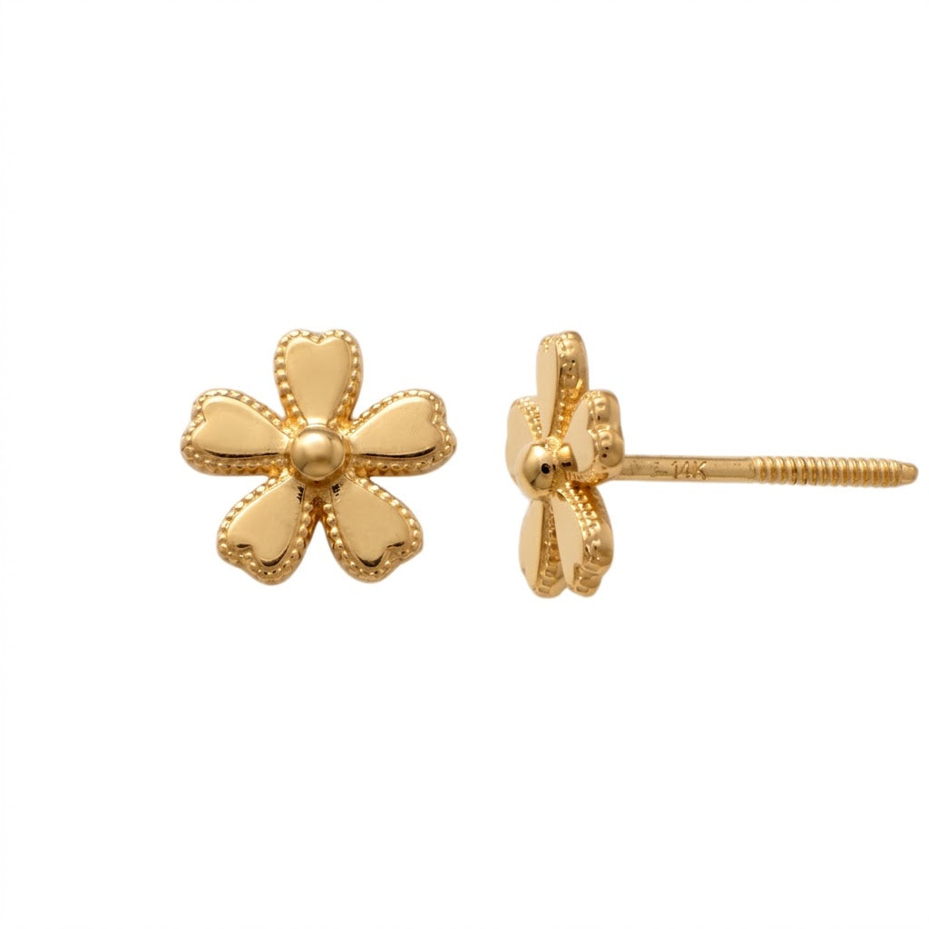 14K Solid Gold Beaded Flower Kids Stud Earrings - Yellow gold, Solid gold, 14k