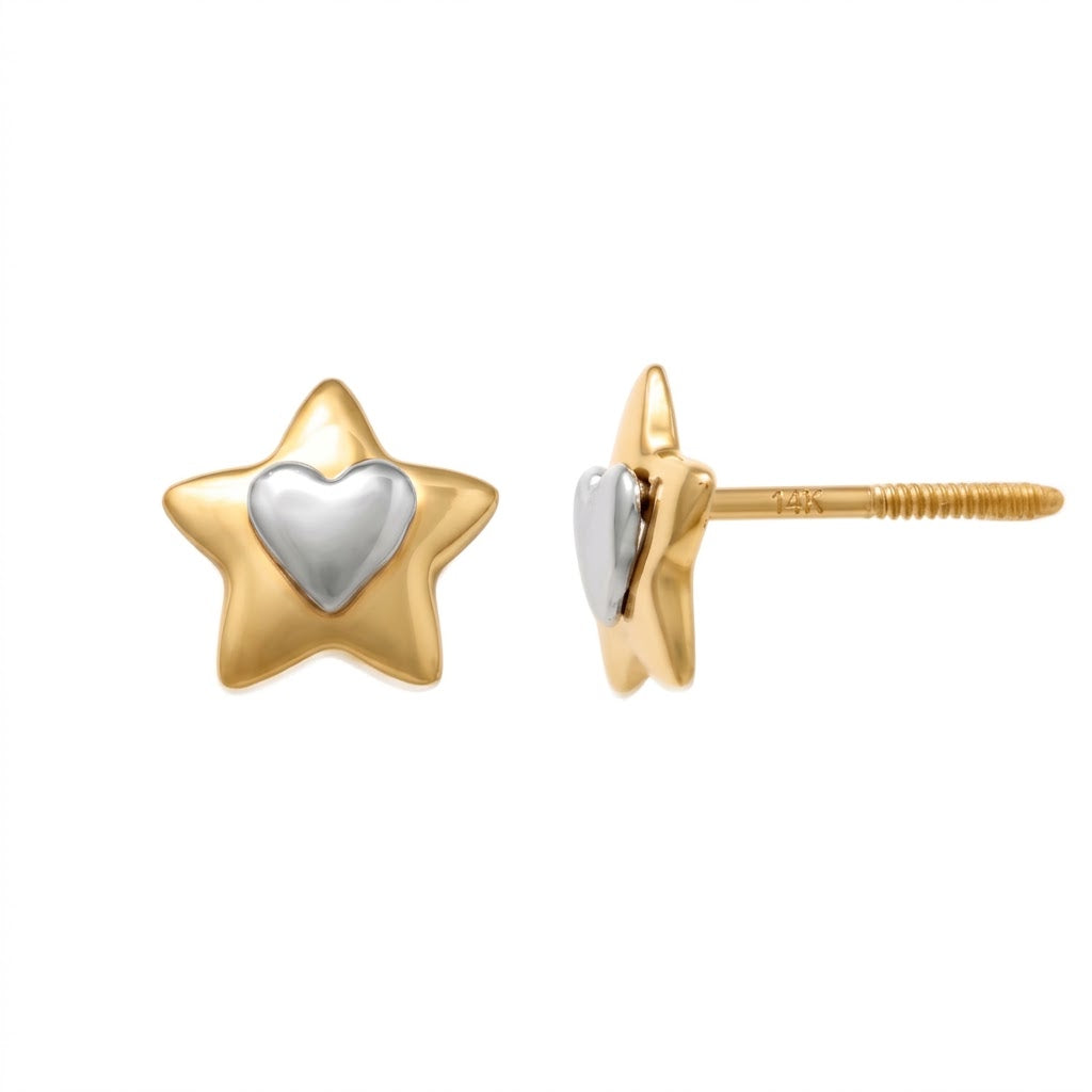 14K Two-Tone Gold Star & Heart Kids Stud Earrings - Yellow gold, White gold, Solid gold, 14k